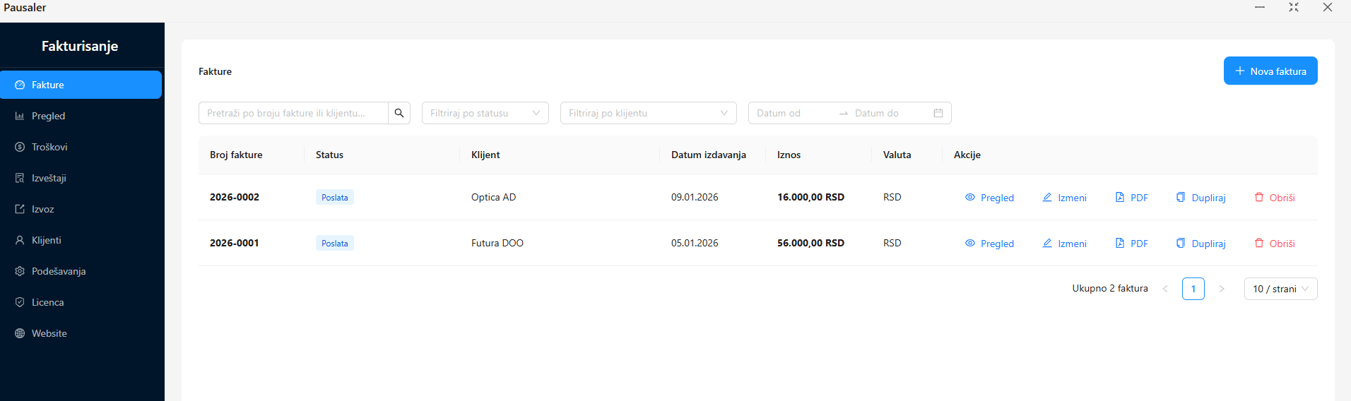 Fakture — lista i kreiranje PDF dokumenata