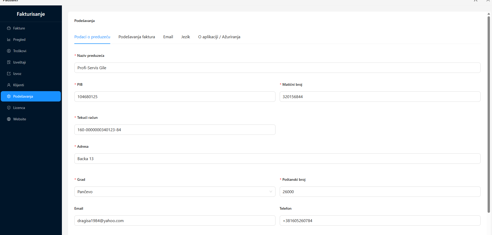 Podešavanja — konfiguracija aplikacije i opcije
